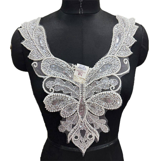Designer White Sequins and Pearl work Neck Patch