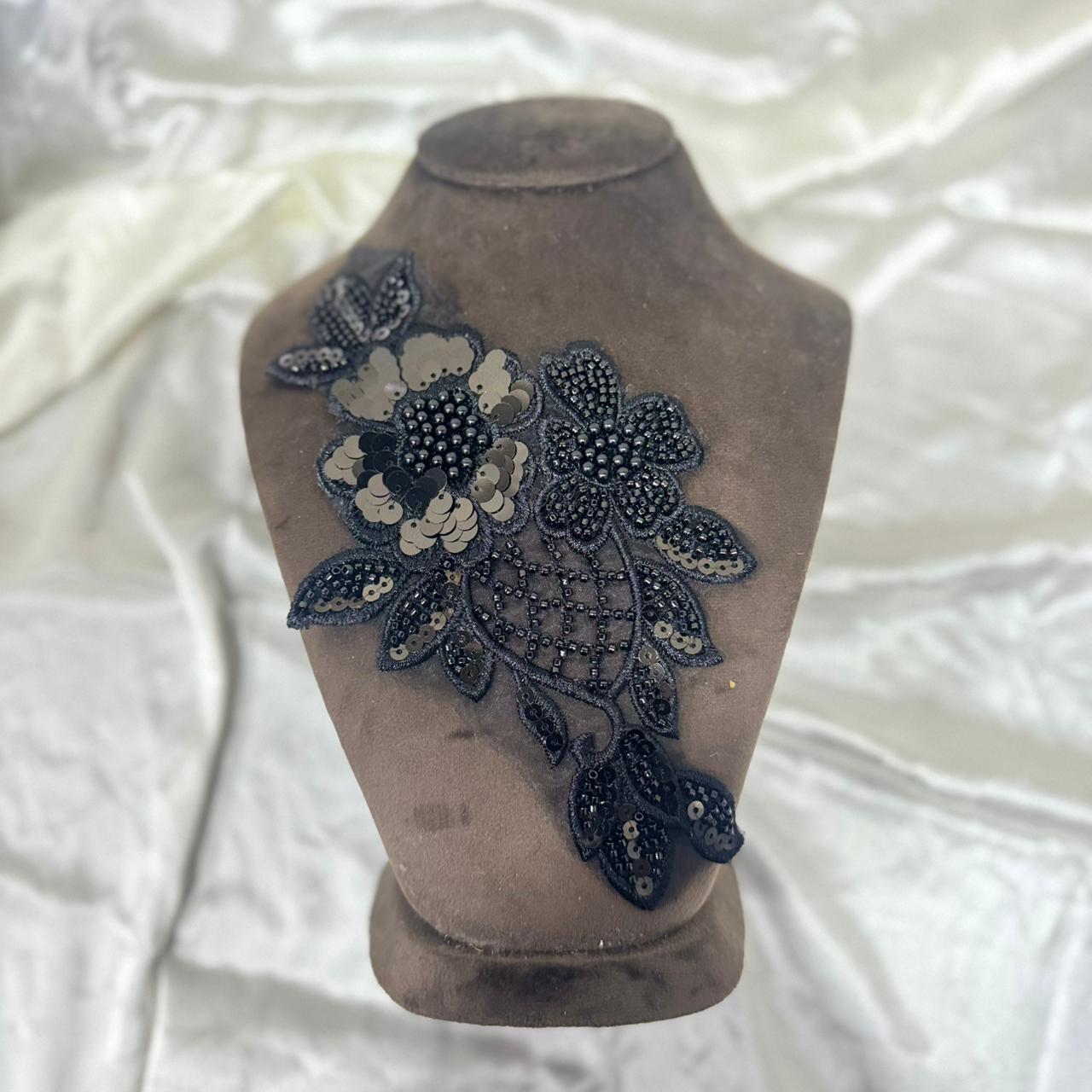 Black Beaded Floral Applique Patch with Sequins