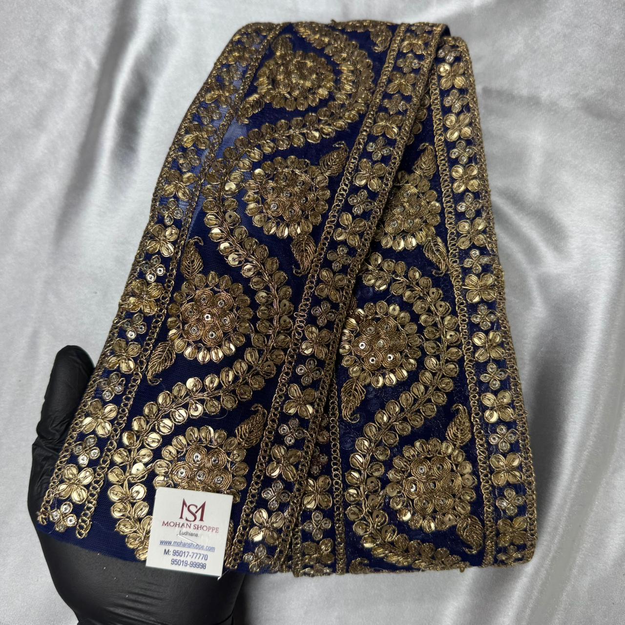Golden Zari and Sequins work Border in Net Base