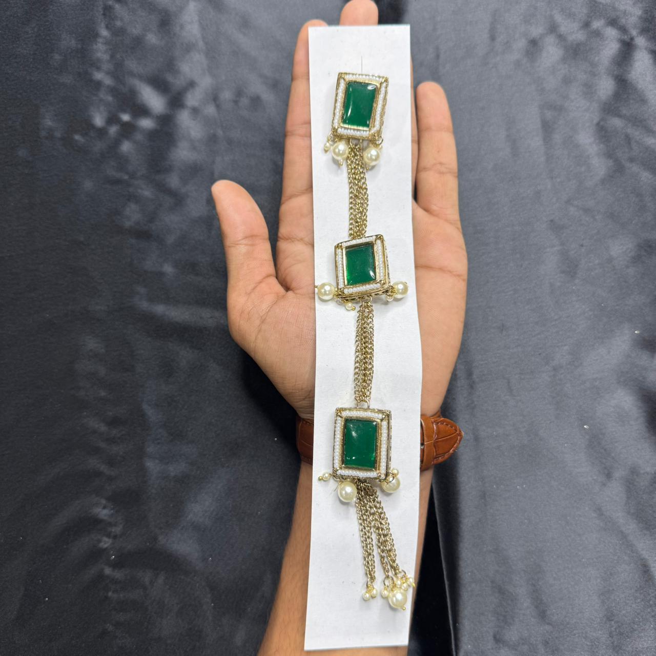 Fancy Rectangle Kundan work Kurta Patti Button with Pearl Chain