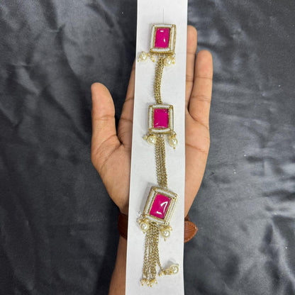 Fancy Rectangle Kundan work Kurta Patti Button with Pearl Chain