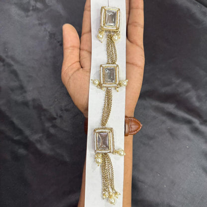 Fancy Rectangle Kundan work Kurta Patti Button with Pearl Chain