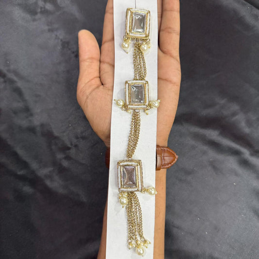 Fancy Rectangle Kundan work Kurta Patti Button with Pearl Chain