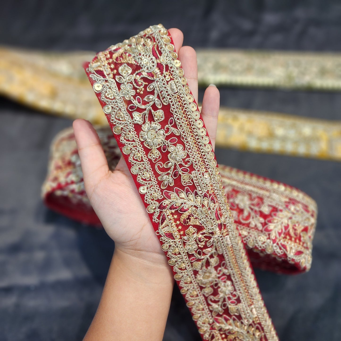 Red Color lace with net base and Zari work