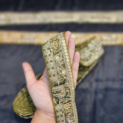 Green Color Zari lace with net base