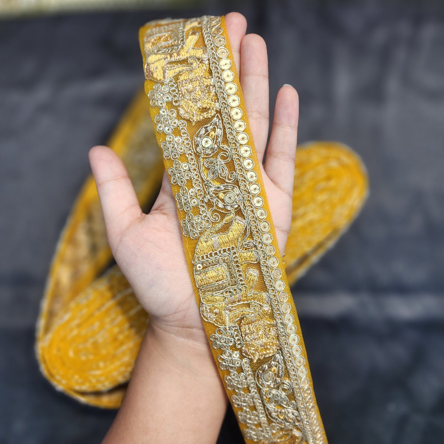 Yellow color Zari lace with net base