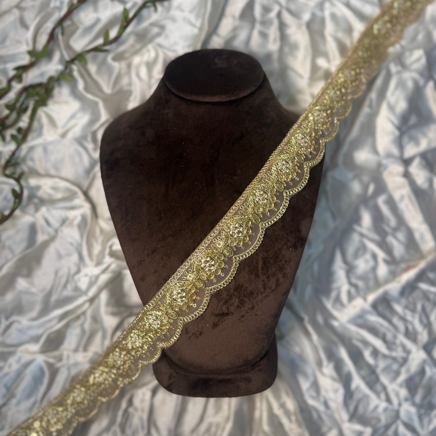 Golden Zari and Sequins work Net Base Cutwork Lace