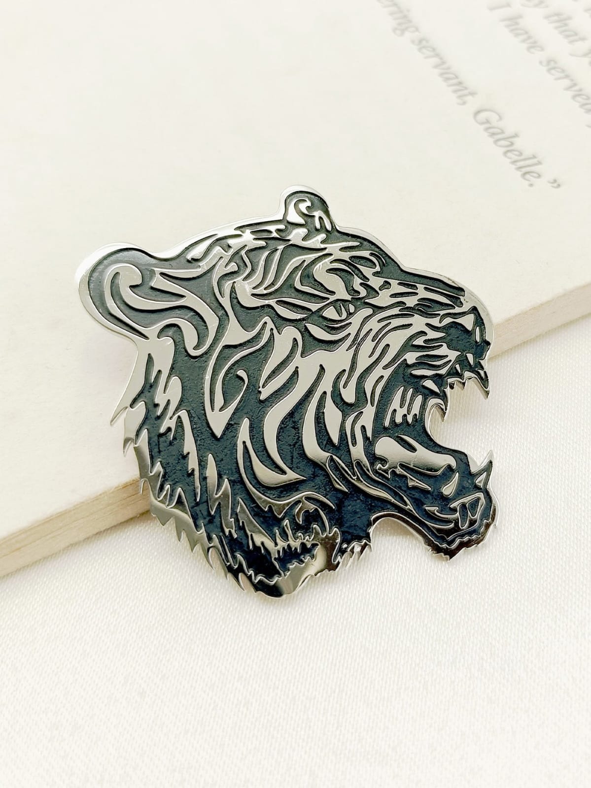Silver Black Lion Face Brooch Lapel Pin with back pin